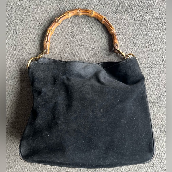 Gucci Black Suede Bamboo top handle bag